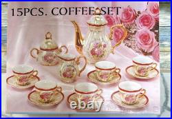 Vtg Victorian Style Fine Porcelain 17 Piece Tea Set With Gold Trim Handles