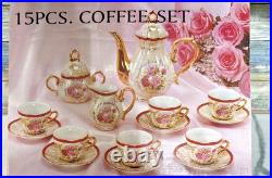 Vtg Victorian Style Fine Porcelain 17 Piece Tea Set With Gold Trim Handles