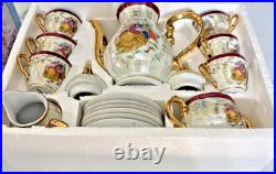 Vtg Victorian Style Fine Porcelain 17 Piece Tea Set With Gold Trim Handles