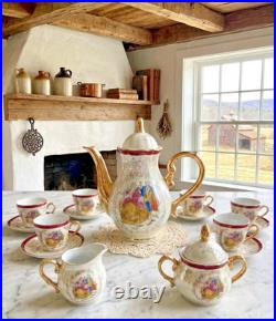 Vtg Victorian Style Fine Porcelain 17 Piece Tea Set With Gold Trim Handles