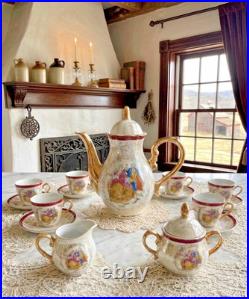 Vtg Victorian Style Fine Porcelain 17 Piece Tea Set With Gold Trim Handles