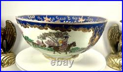 WBI China Porcelain Chinese Asian Bowl Blue Horses & Hunting Dogs Gold Vintage