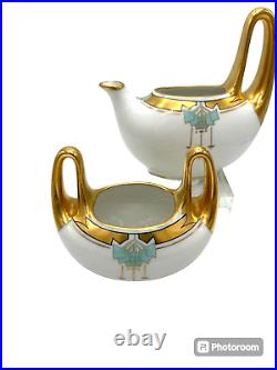 W. A. Picard Gold/White Porcelain Deco Painted Creamer and Sugar Unique handles