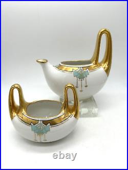 W. A. Picard Gold/White Porcelain Deco Painted Creamer and Sugar Unique handles