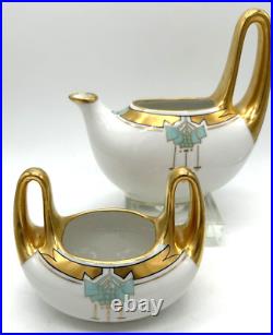 W. A. Picard Gold/White Porcelain Deco Painted Creamer and Sugar Unique handles