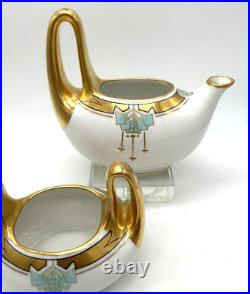 W. A. Picard Gold/White Porcelain Deco Painted Creamer and Sugar Unique handles