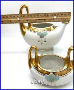 W. A. Picard Gold/White Porcelain Deco Painted Creamer and Sugar Unique handles