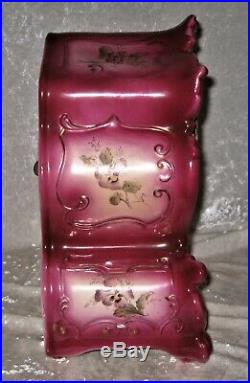 W. L. GILBERT Cranberry #438 CHINA CASE MANTLE CLOCK with Porcelain Face-Gold Accent