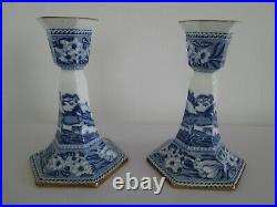 Wedgwood Fallow Deer Rare Antique Blue & White Pair Of China Candlesticks Gold