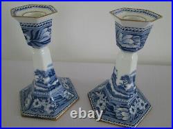 Wedgwood Fallow Deer Rare Antique Blue & White Pair Of China Candlesticks Gold