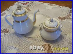 White Antique Porcelain China Coffee Pot & Covered Sugar Bowl With Gold Trim