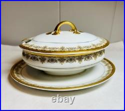 William Guerin Limoges France Covered Gravy/Sauce Boat Gold/Black Border