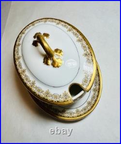 William Guerin Limoges France Covered Gravy/Sauce Boat Gold/Black Border
